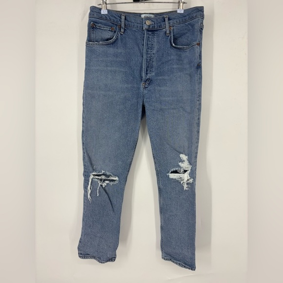 Agolde Riley High Rise Distressed Crop Jeans Blue 30 - Picture 3 of 5